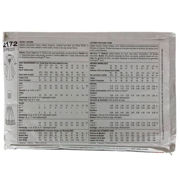 Simplicity 2172 Cosplay Steampunk Costume Coat Skirt Pattern Sz 14-22 CUT - Picture 2 of 3